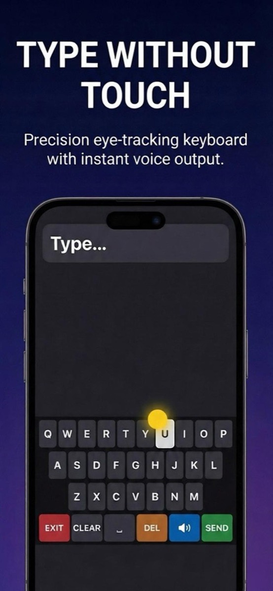 The eye controlled keyboard with a glowing dot showing where the person is looking.
